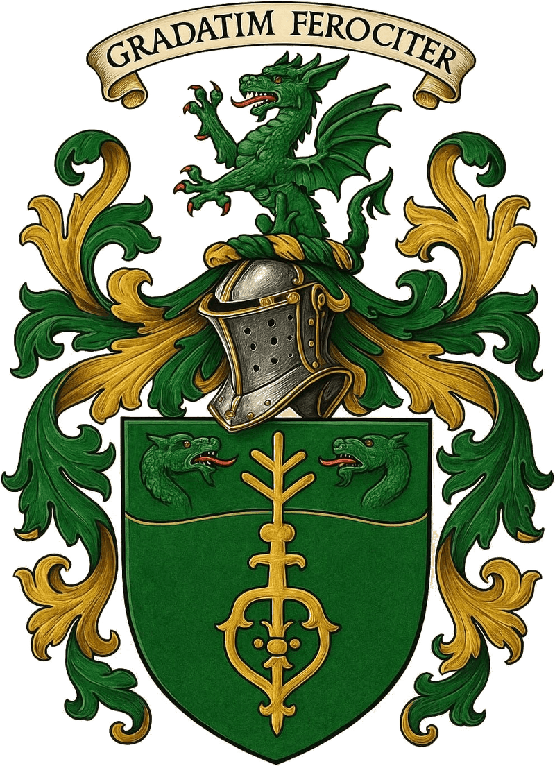 Arms of Ambassador Dario Item: a green shield with a gold house mark and, on an arched chief, two green dragon’s heads; above, a helm with green and gold mantling, a green demi-dragon for crest and the motto Gradatim Ferociter