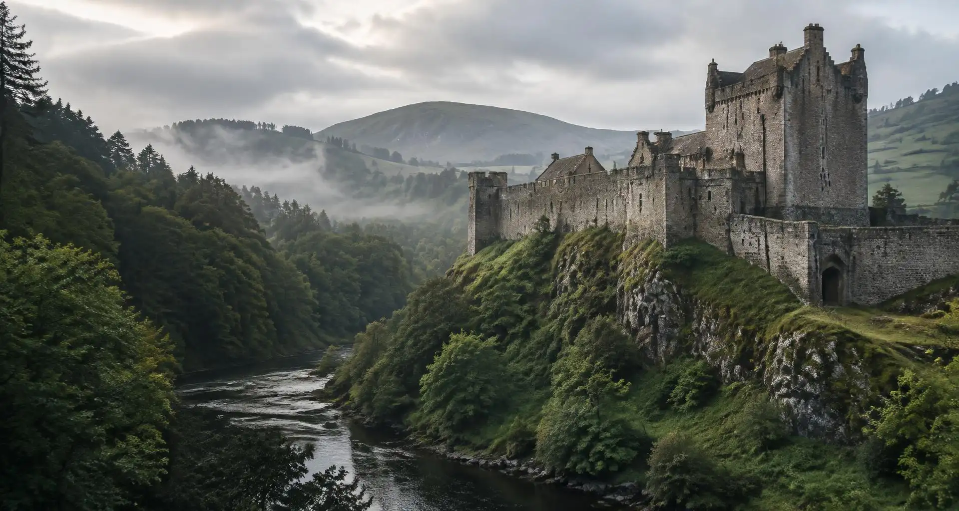Artistic interpretation of a Scottish stone castle above a wooded river valley