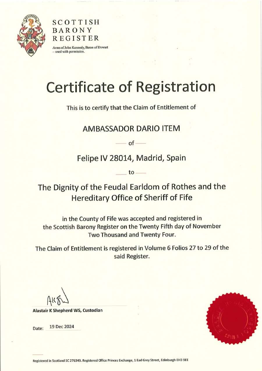 Certificate of Registration of the Scottish Barony Register, 19 December 2024